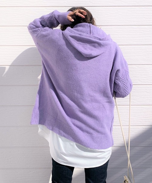 Q(キュー)の「ケーブルニットパーカー(ニット/セーター・レディース・アイボリー/ラベンダー・MEDIUM)」の3枚目の写真