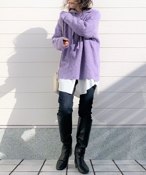 Q(キュー)の「ケーブルニットパーカー(ニット/セーター・レディース・アイボリー/ラベンダー・MEDIUM)」の7枚目の写真