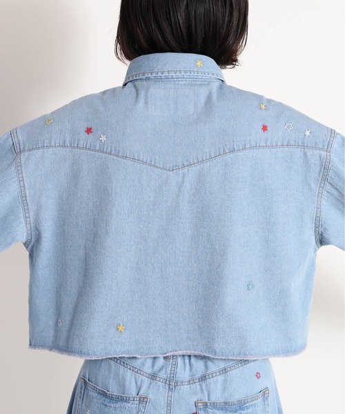 セール】フラワー刺繍デニムショートシャツ ※セットアップ可能