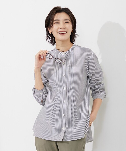 J.PRESS Ladies(J.プレス レディス)の「【洗える】 コットンアセVis ストライプ バンドカラー ブラウス(シャツ/ブラウス・レディース・ネイビー系1/オレンジ系1/ライトグリーン系1・XS)」の3枚目の写真
