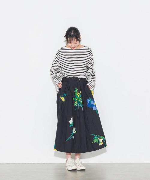 lil nina（リルニーナ）の「綿100% 花柄 タイプライター タックスカート（スカート・レディース・ターコイズブルー/オフホワイト/ブラック・FREE）」の11枚目の写真