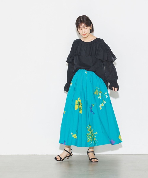 lil nina（リルニーナ）の「綿100% 花柄 タイプライター タックスカート（スカート・レディース・ターコイズブルー/オフホワイト/ブラック・FREE）」の13枚目の写真