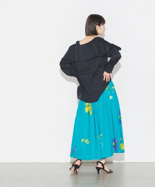 lil nina（リルニーナ）の「綿100% 花柄 タイプライター タックスカート（スカート・レディース・ターコイズブルー/オフホワイト/ブラック・FREE）」の14枚目の写真