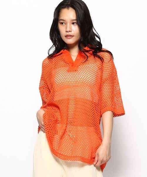 FOREVER 21(フォーエバー トゥエンティーワン)の「【MODE】メッシュポロニットシャツ(ニット/セーター・レディース・オレンジ/ホワイト/ブラック・FREE)」の1枚目の写真