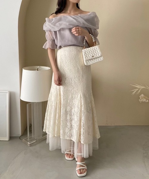 one after another NICE CLAUP（ワンアフターアナザーナイスクラップ）の「レース×チュールマーメイドスカート（スカート・レディース・オフホワイト/ミント/ホワイト系その他/ネイビー・FREE）」の8枚目の写真