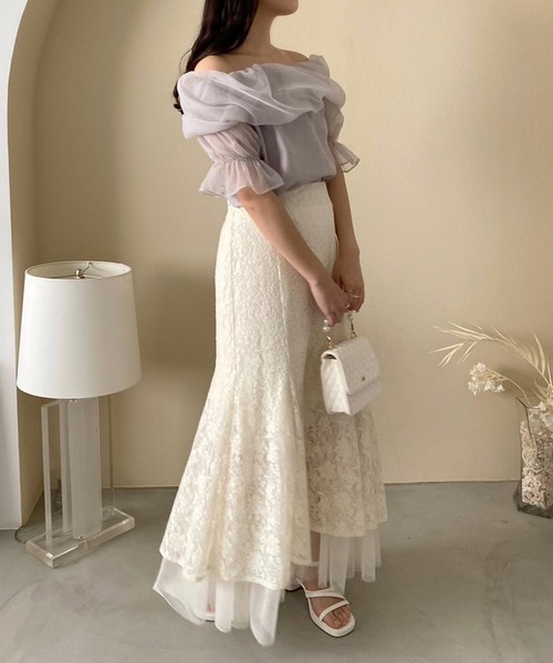 one after another NICE CLAUP（ワンアフターアナザーナイスクラップ）の「レース×チュールマーメイドスカート（スカート・レディース・オフホワイト/ミント/ホワイト系その他/ネイビー・FREE）」の6枚目の写真