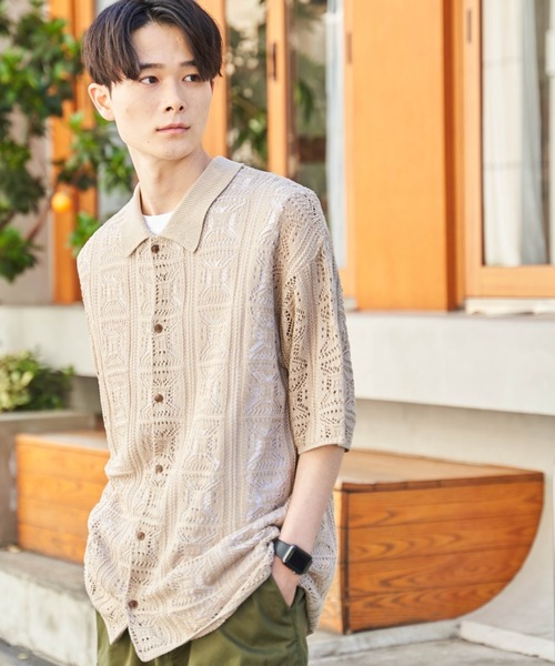 WEGO（ウィゴー）の「WEGO/メッシュニットBIGシャツ（シャツ/ブラウス・メンズ・グリーン/サックスブルー/マスタード/ブラック/オフホワイト/ベージュ/ダークオレンジ/ターコイズブルー/その他2/その他1・MEDIUM/LARGE）」の3枚目の写真