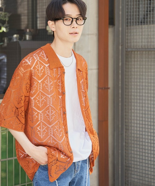 WEGO（ウィゴー）の「WEGO/メッシュニットBIGシャツ（シャツ/ブラウス・メンズ・グリーン/サックスブルー/マスタード/ブラック/オフホワイト/ベージュ/ダークオレンジ/ターコイズブルー/その他2/その他1・MEDIUM/LARGE）」の8枚目の写真