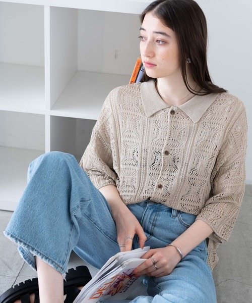 WEGO（ウィゴー）の「WEGO/メッシュニットBIGシャツ（シャツ/ブラウス・メンズ・グリーン/サックスブルー/マスタード/ブラック/オフホワイト/ベージュ/ダークオレンジ/ターコイズブルー/その他2/その他1・MEDIUM/LARGE）」の18枚目の写真