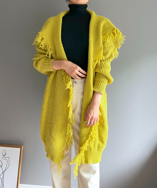 Jewelobe（ジュエローブ）の「ワイドカラーフリンジロングカーディガン（カーディガン/ボレロ・レディース・ベージュ/チャコールグレー/ブラック/イエロー/レッド・FREE）」の5枚目の写真