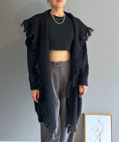Jewelobe（ジュエローブ）の「ワイドカラーフリンジロングカーディガン（カーディガン/ボレロ・レディース・ベージュ/チャコールグレー/ブラック/イエロー/レッド・FREE）」の3枚目の写真