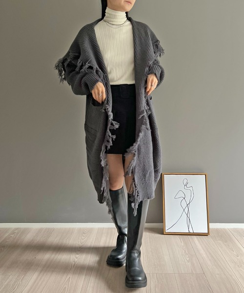 Jewelobe（ジュエローブ）の「ワイドカラーフリンジロングカーディガン（カーディガン/ボレロ・レディース・ベージュ/チャコールグレー/ブラック/イエロー/レッド・FREE）」の10枚目の写真