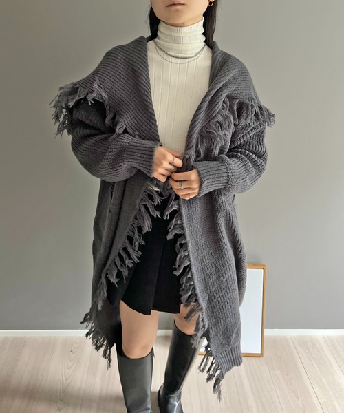 Jewelobe（ジュエローブ）の「ワイドカラーフリンジロングカーディガン（カーディガン/ボレロ・レディース・ベージュ/チャコールグレー/ブラック/イエロー/レッド・FREE）」の12枚目の写真