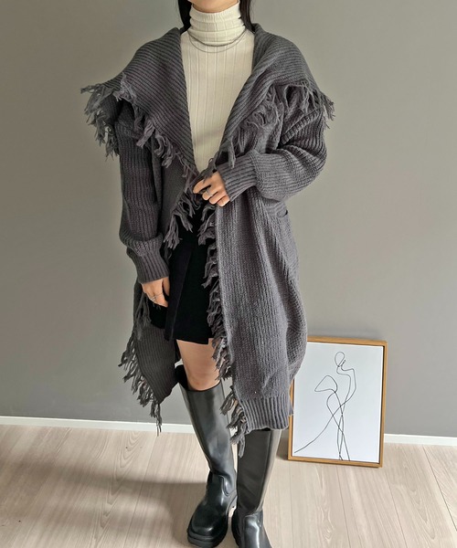 Jewelobe（ジュエローブ）の「ワイドカラーフリンジロングカーディガン（カーディガン/ボレロ・レディース・ベージュ/チャコールグレー/ブラック/イエロー/レッド・FREE）」の13枚目の写真
