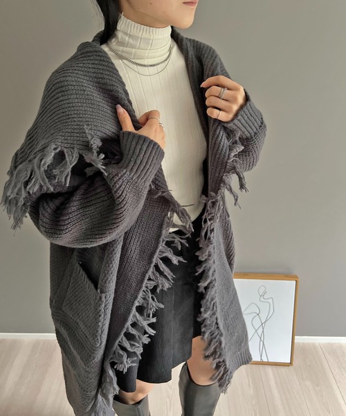 Jewelobe（ジュエローブ）の「ワイドカラーフリンジロングカーディガン（カーディガン/ボレロ・レディース・ベージュ/チャコールグレー/ブラック/イエロー/レッド・FREE）」の14枚目の写真