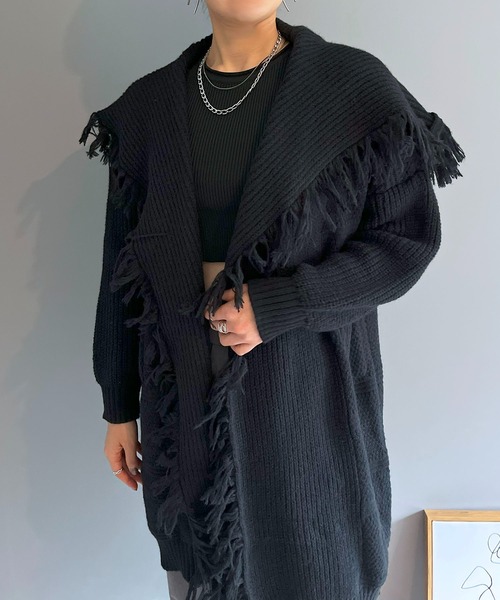 Jewelobe（ジュエローブ）の「ワイドカラーフリンジロングカーディガン（カーディガン/ボレロ・レディース・ベージュ/チャコールグレー/ブラック/イエロー/レッド・FREE）」の18枚目の写真