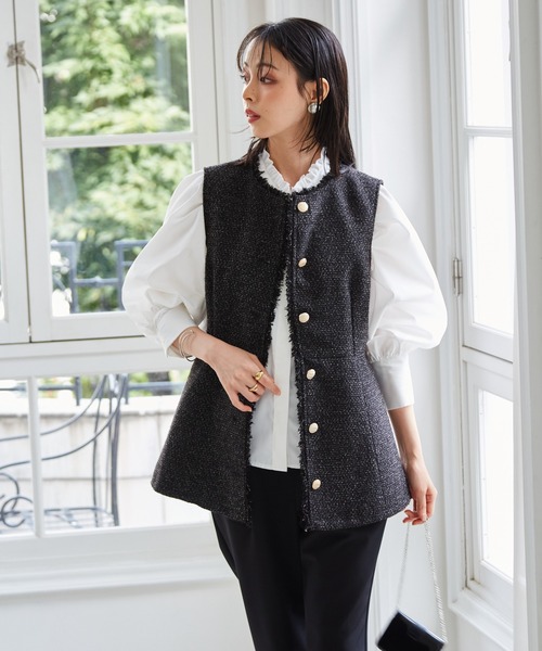 セール】ゴールド調ボタンペプラムツイードジレ（ベスト）｜RANAN