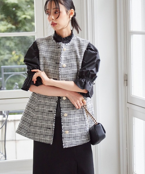 ラスト1点☆即購入可能です☆ツイードジレ　リボンツイード　ベスト tweed 楽天市場】【期間限定：6490円→5890円！】ペプラムツイードジレ M-LL