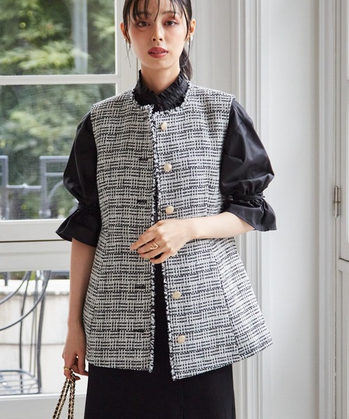 セール】ゴールド調ボタンペプラムツイードジレ（スーツベスト