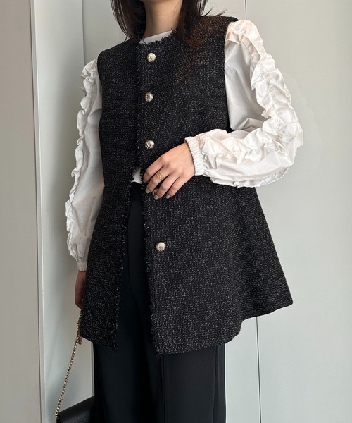 ラスト1点☆即購入可能です☆ツイードジレ　リボンツイード　ベスト tweed 楽天市場】【期間限定：6490円→5890円！】ペプラムツイードジレ M-LL