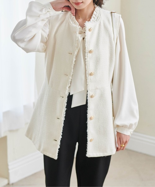 RANAN(ラナン)の「ゴールド調ボタンペプラムツイードジレ(スーツベスト・レディース・オフホワイト/ブラック/ブラック系・L/LL/M)」の12枚目の写真