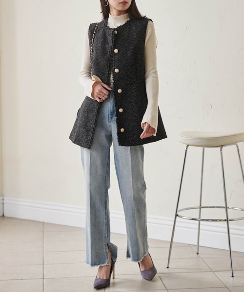 RANAN(ラナン)の「ゴールド調ボタンペプラムツイードジレ(スーツベスト・レディース・オフホワイト/ブラック/ブラック系・L/LL/M)」の9枚目の写真