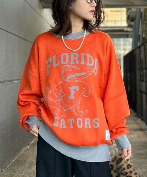 DISCUS ATHLETIC(ディスカス アスレチック)の「【DISCUS ATHLETIC】【DISCUS】カレッジジャガードニット(ニット/セーター・レディース・オレンジ/オフホワイト・M)」の1枚目の写真