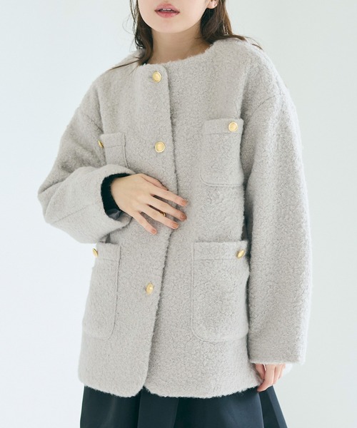 coca（coca）（コカ）の「【WEB限定セール】プードルボア金釦ノーカラーコート（ノーカラーコート・レディース・アイボリー/ネイビー/ダークベージュ/ブラウン/ライトグレー・M/L/S）」の2枚目の写真