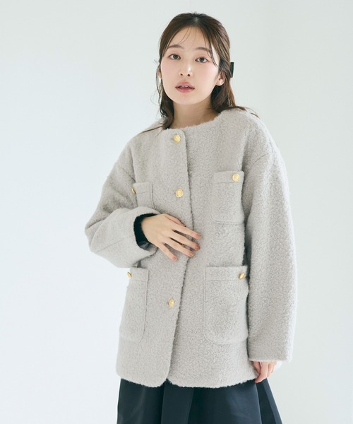 【coca】プードルボアノーカラーコート プードルボア金釦ノーカラーコート（ノーカラーコート）｜coca