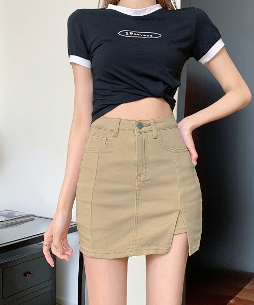 SEU(エスイーユー)の「サイドスリットデニムミニスカートパンツ スカート風 デニムショートパンツ ミニスカート 脚長効果(スカート・レディース・ブルー/ホワイト/チャコール/ベージュ/ブラック・M/L)」の4枚目の写真