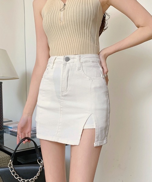 SEU(エスイーユー)の「サイドスリットデニムミニスカートパンツ スカート風 デニムショートパンツ ミニスカート 脚長効果(スカート・レディース・ブルー/ホワイト/チャコール/ベージュ/ブラック・M/L)」の8枚目の写真