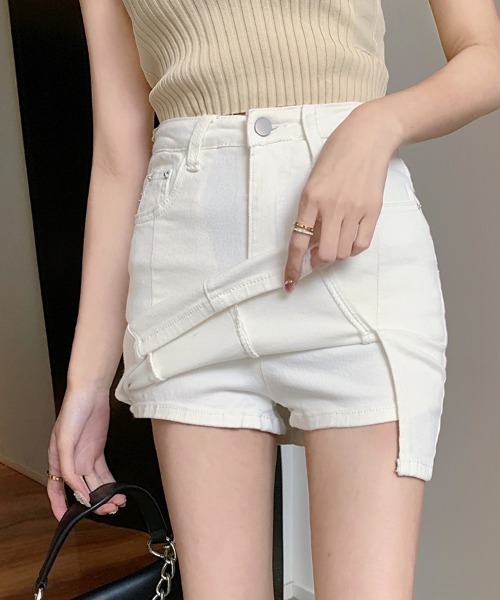 SEU(エスイーユー)の「サイドスリットデニムミニスカートパンツ スカート風 デニムショートパンツ ミニスカート 脚長効果(スカート・レディース・ブルー/ホワイト/チャコール/ベージュ/ブラック・M/L)」の10枚目の写真