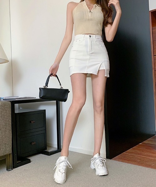 SEU(エスイーユー)の「サイドスリットデニムミニスカートパンツ スカート風 デニムショートパンツ ミニスカート 脚長効果(スカート・レディース・ブルー/ホワイト/チャコール/ベージュ/ブラック・M/L)」の11枚目の写真