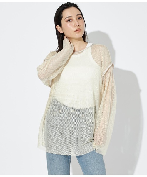 Settimissimo（セッティミッシモ）の「ラメ混 メッシュ プルオーバー クルーネック 長袖（Tシャツ/カットソー・レディース・ブラック/オフホワイト・FREE）」の4枚目の写真