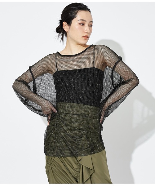 Settimissimo（セッティミッシモ）の「ラメ混 メッシュ プルオーバー クルーネック 長袖（Tシャツ/カットソー・レディース・ブラック/オフホワイト・FREE）」の9枚目の写真