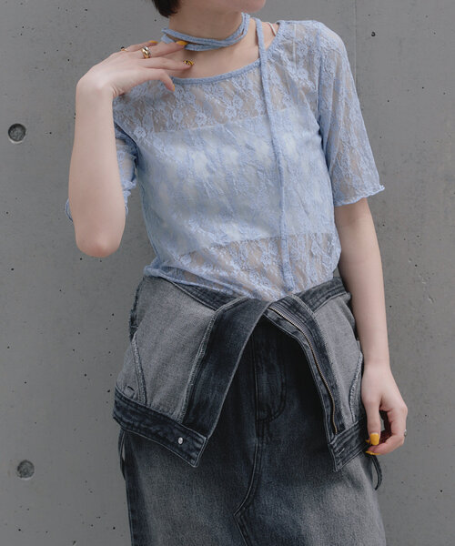 RAY CASSIN（レイカズン）の「レースチョーカーTシャツ（Tシャツ/カットソー・レディース・ブラック/ブルー/ホワイト・FREE）」の6枚目の写真