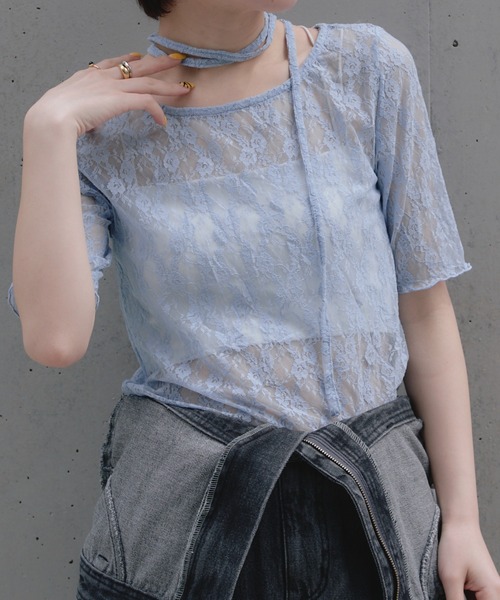 RAY CASSIN（レイカズン）の「レースチョーカーTシャツ（Tシャツ/カットソー・レディース・ブラック/ブルー/ホワイト・FREE）」の3枚目の写真