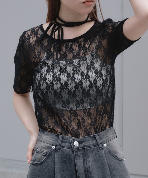 RAY CASSIN（レイカズン）の「レースチョーカーTシャツ（Tシャツ/カットソー・レディース・ブラック/ブルー/ホワイト・FREE）」の2枚目の写真