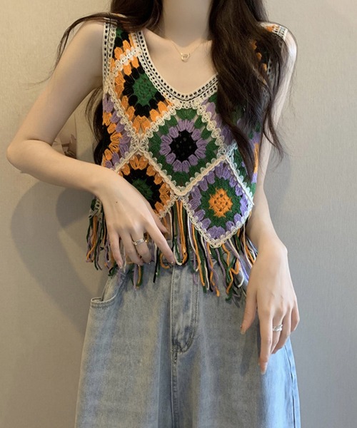 DEVICE（デバイス）の「マルチカラー フリンジ クロシェ編み ニットベスト ノースリーブ 夏ニット エスニック ノルディック（ベスト・レディース・ベージュ/ナチュラル・FREE）」の2枚目の写真