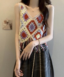 DEVICE | マルチカラー フリンジ クロシェ編み ニットベスト ノースリーブ 夏ニット エスニック ノルディック(ベスト)