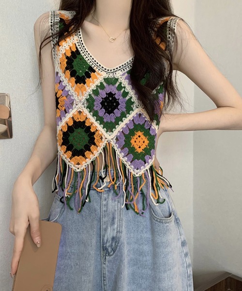 DEVICE（デバイス）の「マルチカラー フリンジ クロシェ編み ニットベスト ノースリーブ 夏ニット エスニック ノルディック（ベスト・レディース・ベージュ/ナチュラル・FREE）」の5枚目の写真