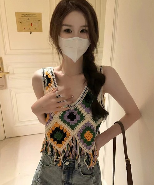 DEVICE（デバイス）の「マルチカラー フリンジ クロシェ編み ニットベスト ノースリーブ 夏ニット エスニック ノルディック（ベスト・レディース・ベージュ/ナチュラル・FREE）」の7枚目の写真