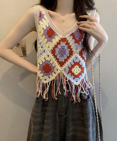 DEVICE（デバイス）の「マルチカラー フリンジ クロシェ編み ニットベスト ノースリーブ 夏ニット エスニック ノルディック（ベスト・レディース・ベージュ/ナチュラル・FREE）」の11枚目の写真