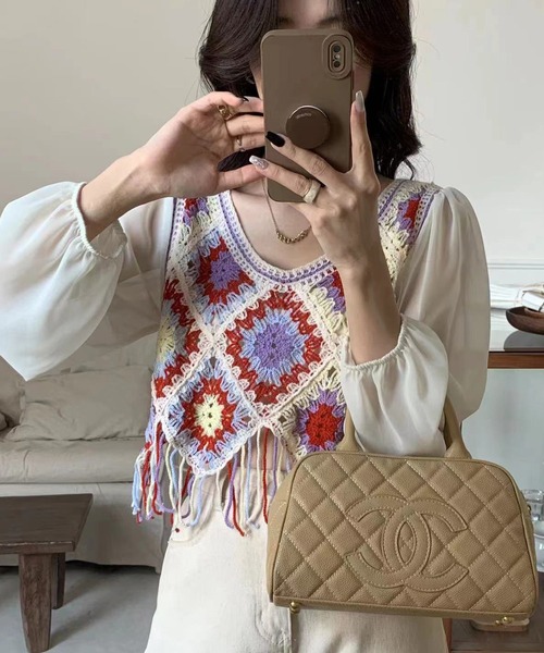 DEVICE（デバイス）の「マルチカラー フリンジ クロシェ編み ニットベスト ノースリーブ 夏ニット エスニック ノルディック（ベスト・レディース・ベージュ/ナチュラル・FREE）」の15枚目の写真