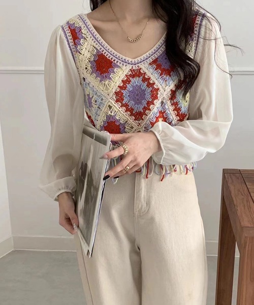 DEVICE（デバイス）の「マルチカラー フリンジ クロシェ編み ニットベスト ノースリーブ 夏ニット エスニック ノルディック（ベスト・レディース・ベージュ/ナチュラル・FREE）」の17枚目の写真