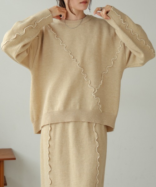 Bab(バブ)の「【セットアップ対応】ウェーブメロウニットトップス(ニット/セーター・レディース・アイボリー/ブラック/チャコールグレー/ライトグレー/ベージュ・FREE)」の1枚目の写真