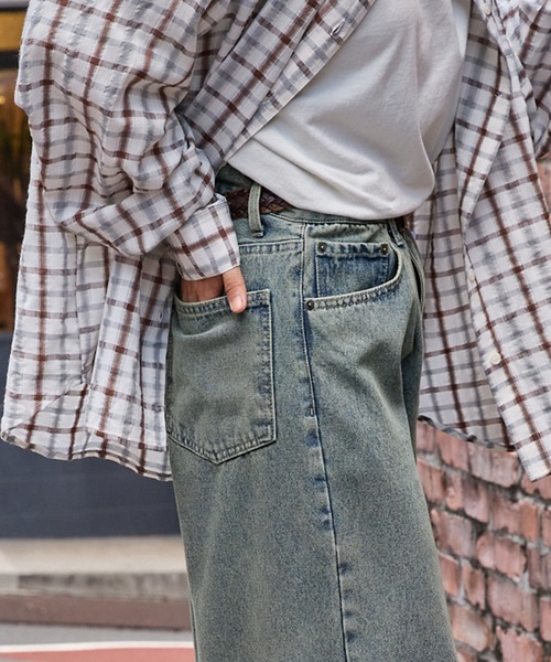 ヴィンテージライクオーバーダイワイドフレアデニムパンツ（デニム