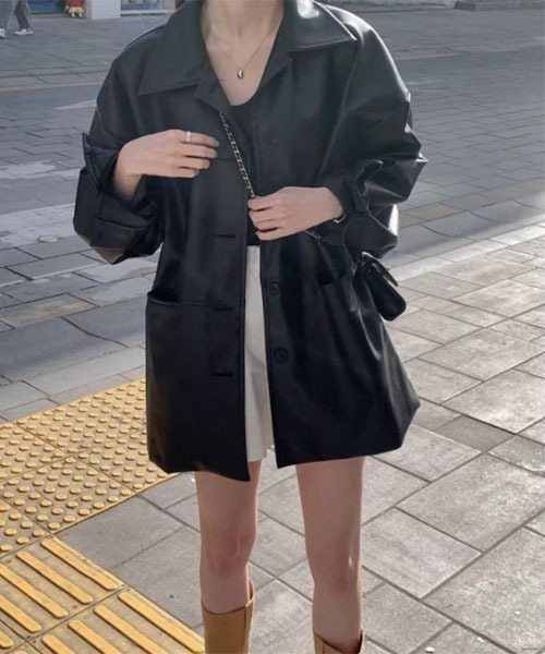i-dare(アイディア)の「【i-dare】合成皮革 ジャケット(ブルゾン・レディース・ブラック・MEDIUM/LARGE/X-LARGE)」の2枚目の写真