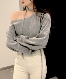 オフショルダー グレー ニット 人気 カットアウト オフショルニット トップス 長袖 肌見せ 変形