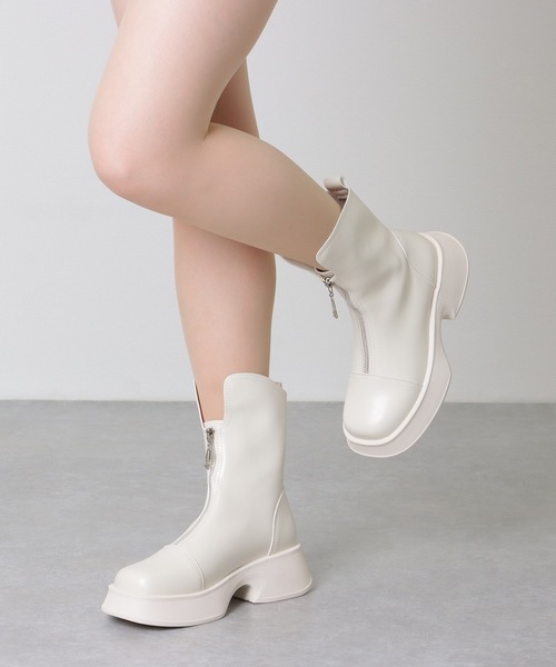 レザー調 フロント ジップ ショート ブーツ（ブーツ）｜Lace Ladies